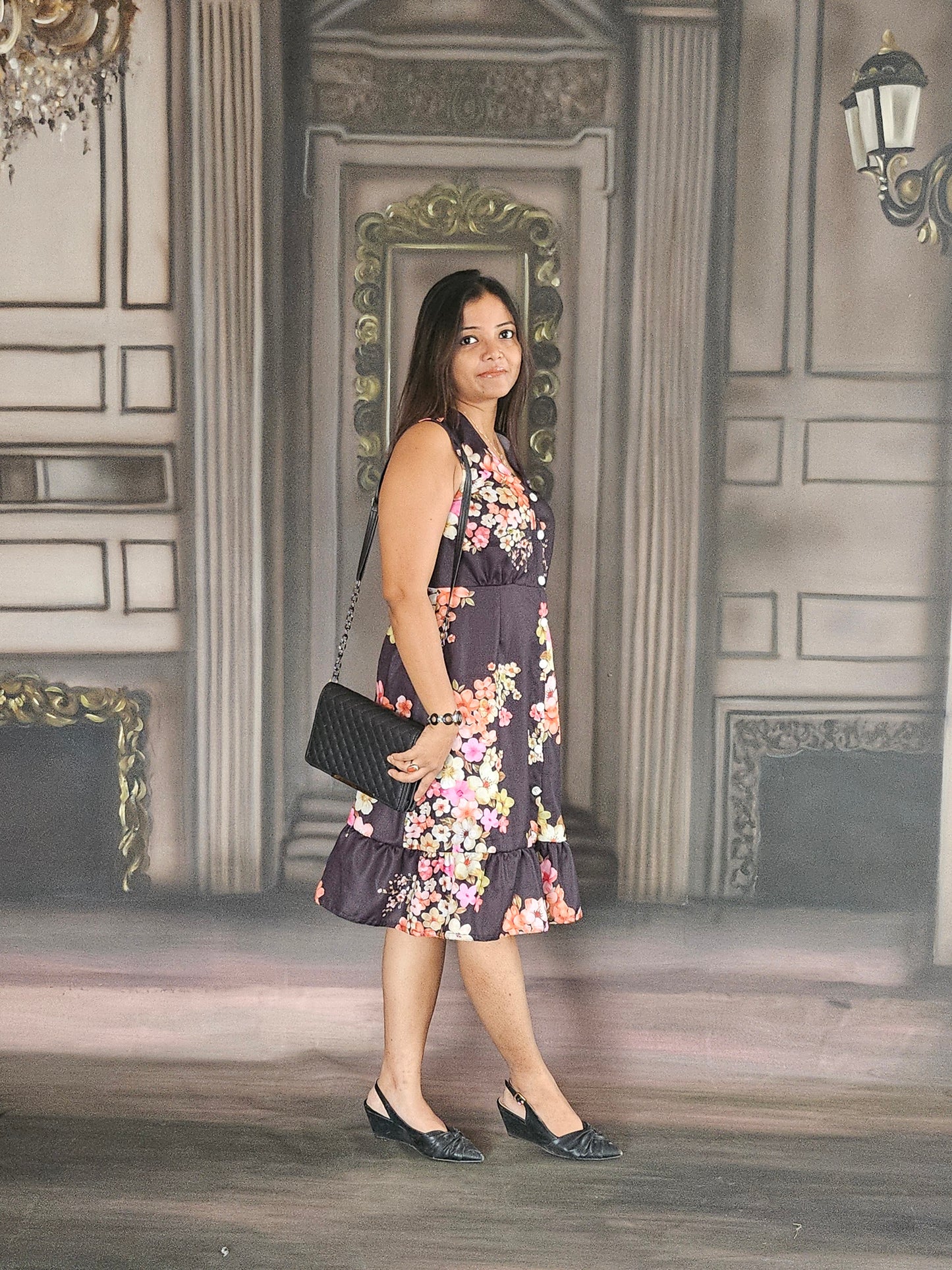 Black floral A-lined dress