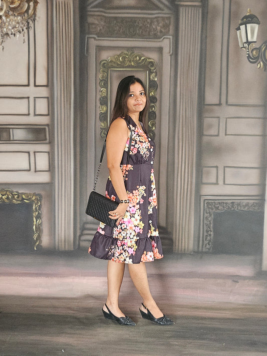 Black floral A-lined dress
