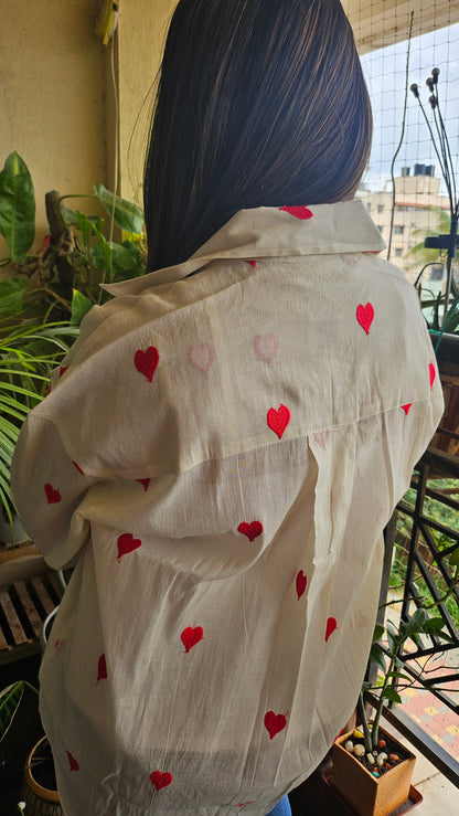 White Red-heart embroidered boxy shirt