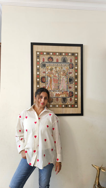 White Red-heart embroidered boxy shirt