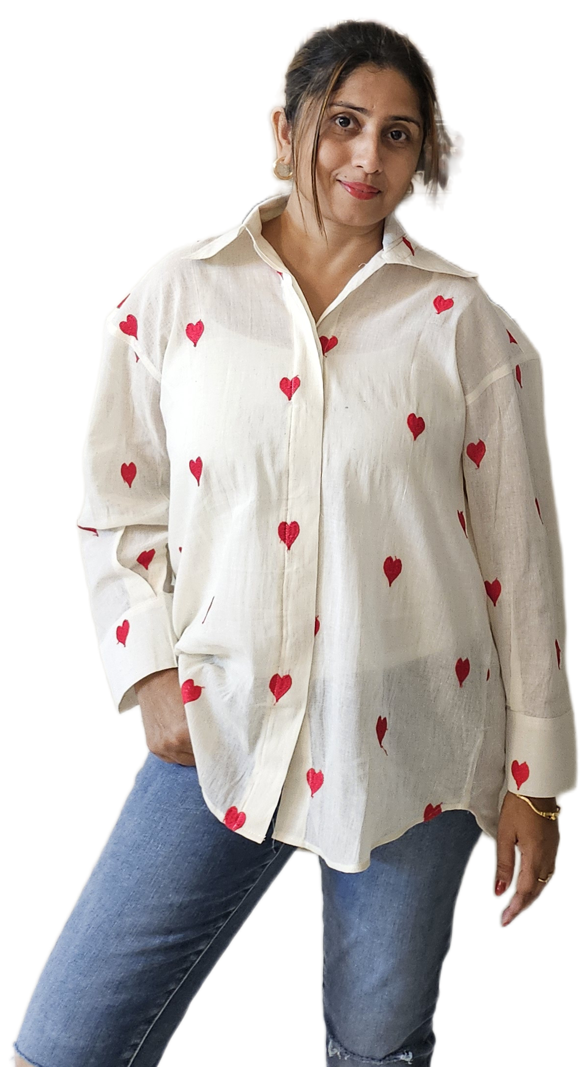 White Red-heart embroidered boxy shirt