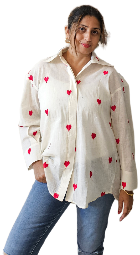 White Red-heart embroidered boxy shirt