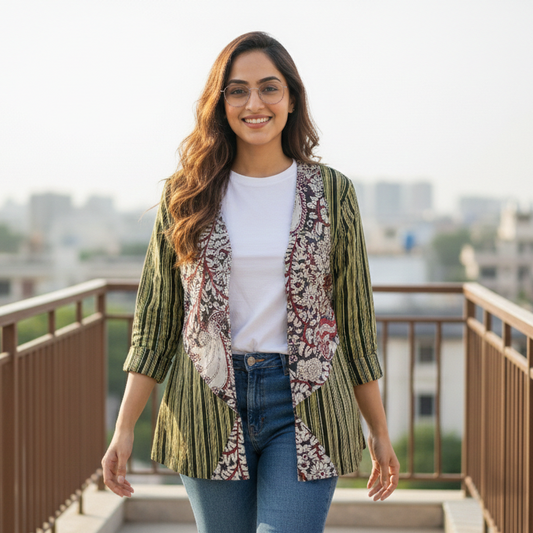Olive Green Kalamkari Panelled Jacket
