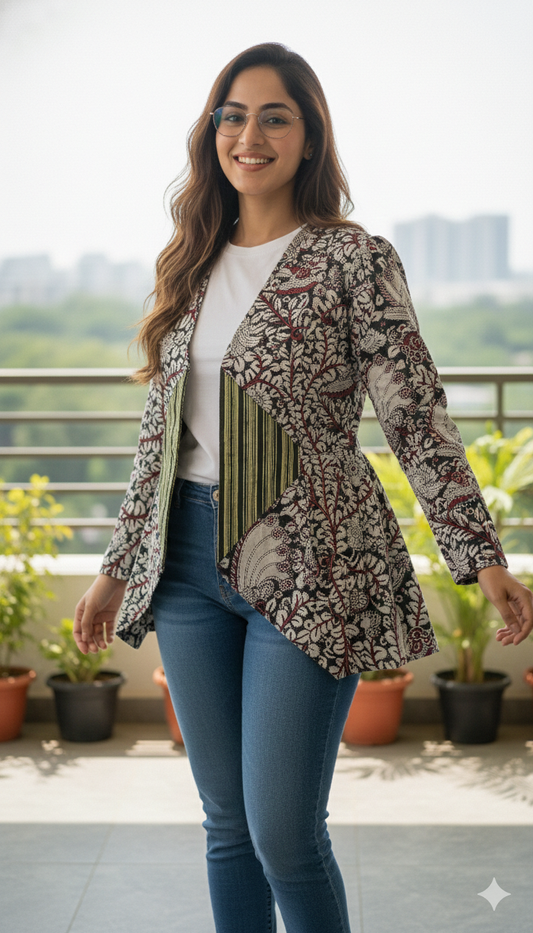 Olive Green Kalamkari Panelled Jacket